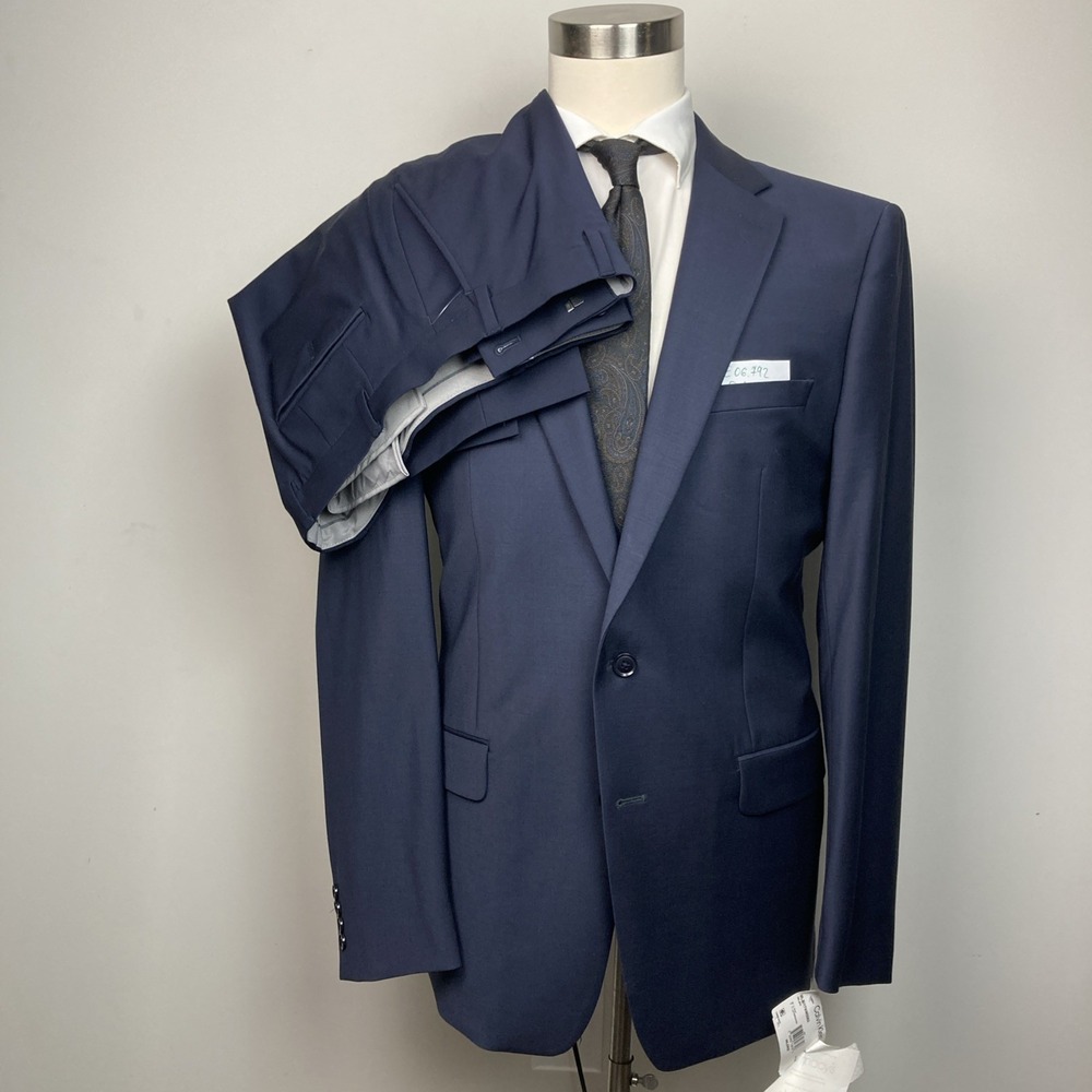 Calvin Klein Mens 2-pc Suit Slim-Fit Wool-Blend Jacket 44L Pants 36x30 Navy Blue